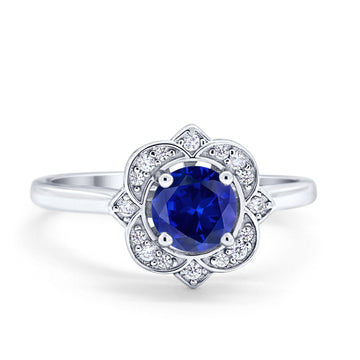 Floral Vintage Style Wedding Ring Simulated Blue Sapphire CZ 925 Sterling Silver